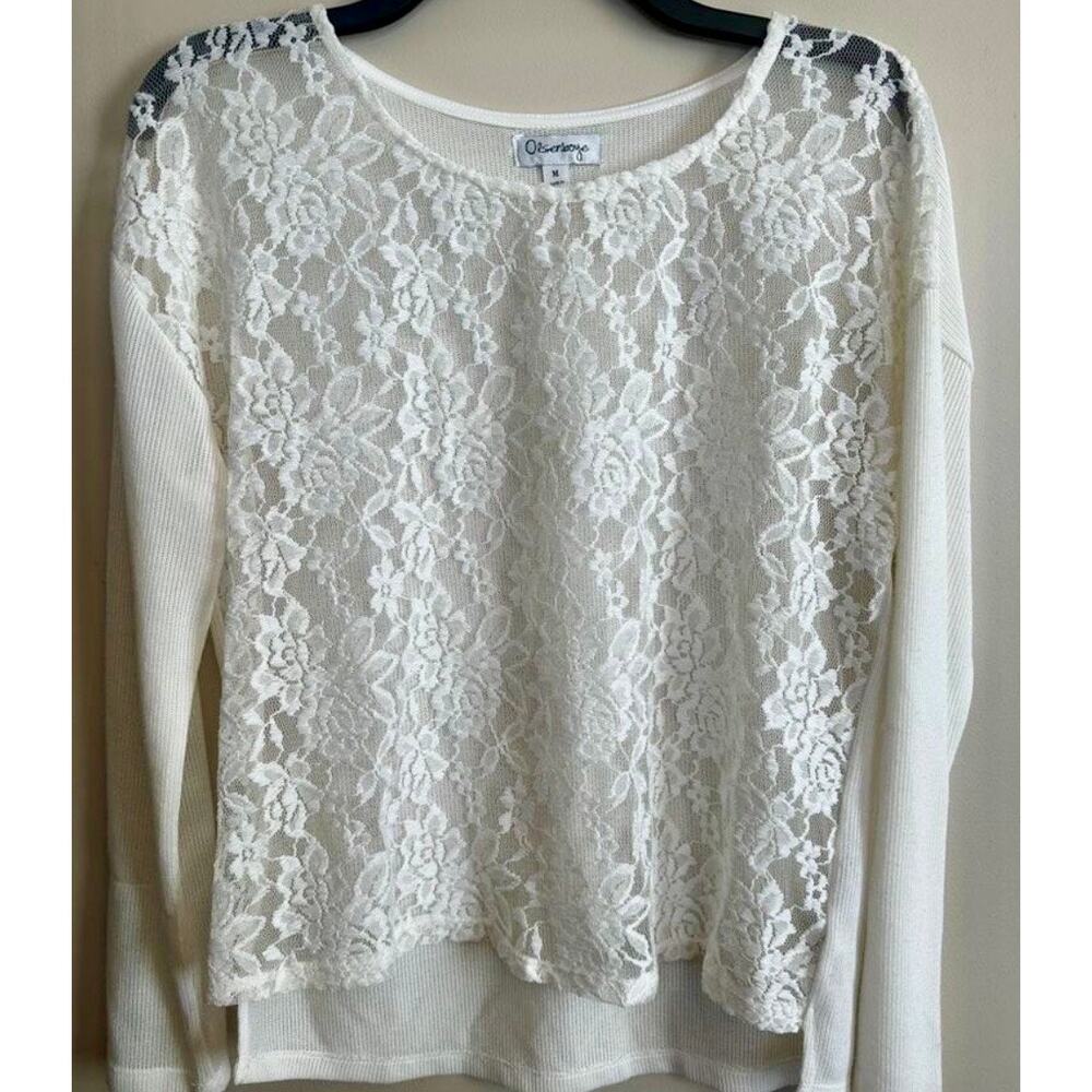 Olsenboye White Lace Overlay Top Sheer Floral Long Sleeve Size M Romantic